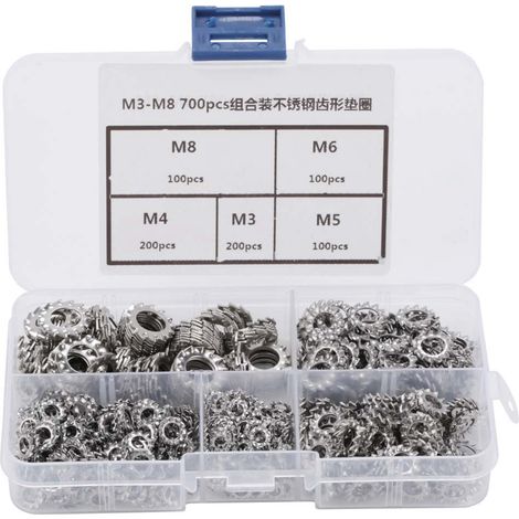 Kit de rondelles dentées externes en acier inoxydable 700, boîte combinée M3-M8 pièces, 304 pièces (1/5)