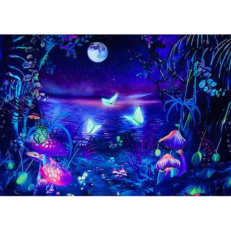 Tapisserie fluorescente astronaute et champignons, en polyester, 95 x 73 cm, effet lumineux sous UV (1/5)