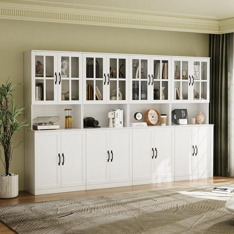 Bücherregal mit Glastüren und offenem Fach, 180cm Hochschrank, 5 Ebenen, Vitrinenschrank weiß (1/5)