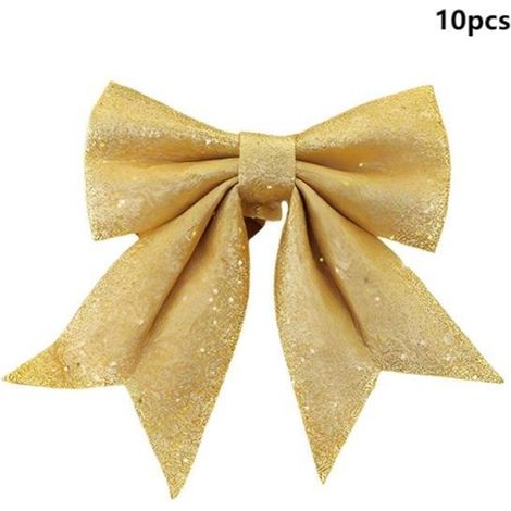 10 petits nœuds de Noël brillants, parfaits pour décorer couronnes, bouquets et sapins de Noël, 12 x 15 cm, dorés. (1/5)