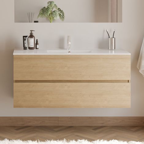 Meuble de salle de bain 120cm simple vasque - 2 tiroirs - sans miroir - nebraska (chêne clair) - IDA (1/4)