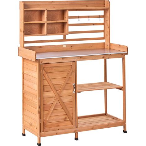 Potting Bench with Storage Light Brown Fir Wood 113 x 46 x 148 cm Galvanised Iron Worktop Practical Garden Table Modern Rustic MELDOLA