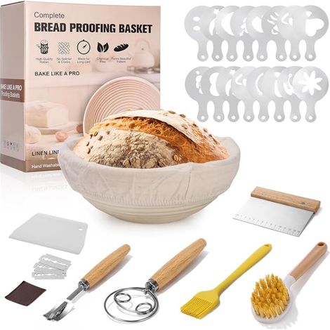 Banneton Rond pour Pain 23cm, Panier Fermentation Set avec Grattoir et Mélangeur à Pâte, Lame à Pain (1/5)