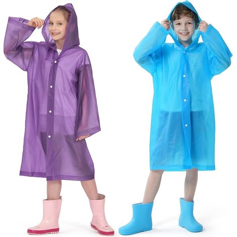 Lot de 2 ponchos de pluie pour enfants, cape imperméable réutilisable avec capuche et manches. Protection contre la pluie en EVA respirant, coupe-pluie pour filles et garçons, idéale pour la randonnée (1/5)