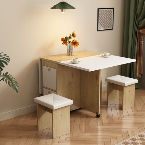 Ensemble de salle à manger 120 x 80 cm avec table extensible et pliante blanc et chêne, et 4 chaises, design multifonctionnel (1/5)