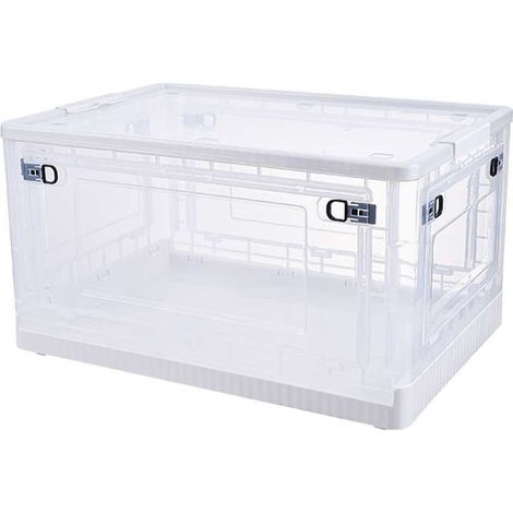 Coffre de rangement transparent à 5 portes, grande capacité (88 L), avec roulettes, idéal pour la maison ou le bureau. Blanc transparent. (1/5)