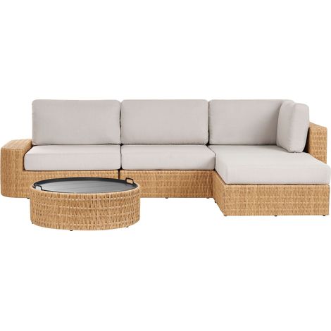 Set da giardino angolare sinistro 4 posti, in rattan PE, con tavolino da caffè con piano a vassoio e cuscini beige Oliveri (1/5)