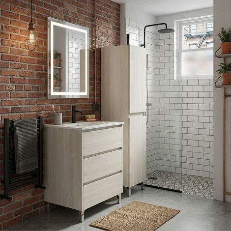 Ensemble meuble vasque L.60cm + 1 colonne sur pied 3 tiroirs Chêne blanchi LISBONA (1/5)