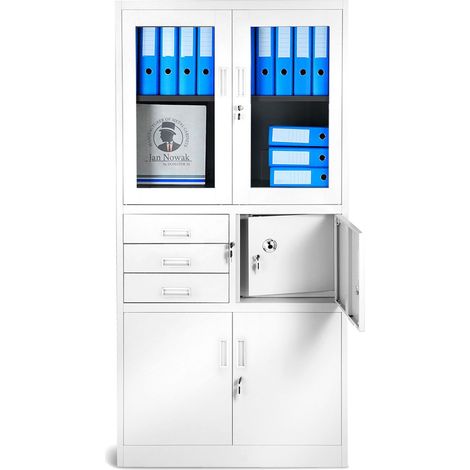 Armoire en métal avec vitrine et coffre-fort FILIP, 900 x 1850 x 400 mm, blanc (1/4)