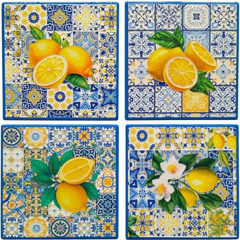 Set de 4 posavasos de cerámica azulejos azules y limones (1/4)