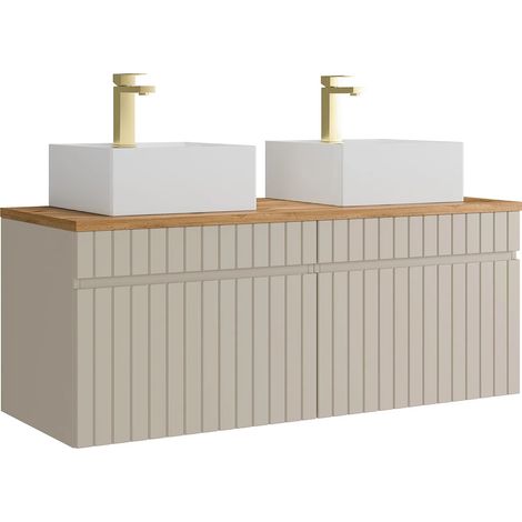 Meuble de salle de bain suspendu strié beige avec vasque à poser carrée et robinet - 120 cm - SATARA (1/5)