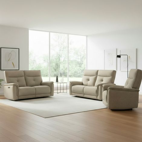 Set divani recliner elettrici Elysio divano 3 posti + divano 2 posti + poltrona recliner tessuto sabbia (1/5)