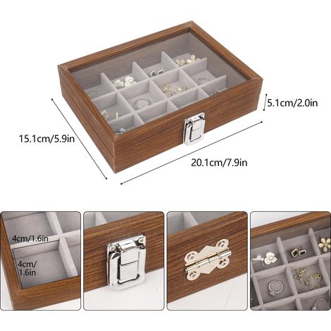 Boîte à bijoux en bois avec 12 compartiments pour bagues, boucles d'oreilles et colliers (marron foncé) (1/4)