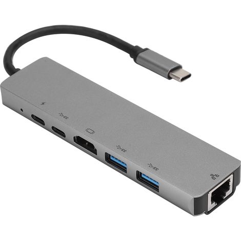 Hub USB-C vers USB-C 6 en 1 en métal gris léger avec 3 ports USB 3.0, HDMI, RJ45, Ethernet, carte microSD et adaptateur OTG (1/5)