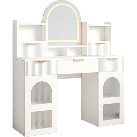 Grande Coiffeuse avec Miroir LED Table de Maquillage Blanche 120 cm 3 Tiroirs Portes en Verre (1/5)
