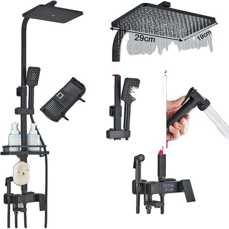 Ensemble de robinet de douche thermostatique avec étagère de salle de bain, en laiton durable, B plein noir 4DHC (1/2)