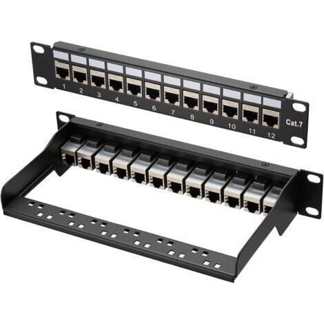 Panneau de brassage LAN Switch 12 ports Cat 7 10" Panneau de distribution blindé Montage en rack Montage serveur pour commutateur réseau Gigabit Bureau et montage mural Blindé (1/5)