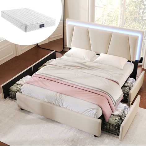 Cama tapizada beige 160x200 cm con LED, 4 cajones, cabecero regulable y colchón (1/5)