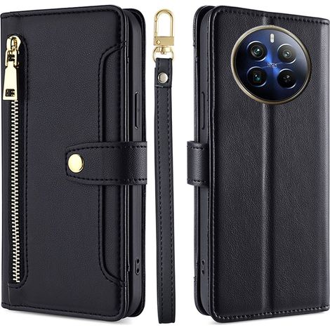 Funda tipo libro con cremallera para Realme 12 Pro 5G / 12 Pro+ 5G, color negro. (1/5)