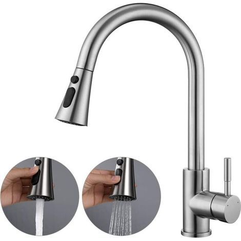 Robinet de cuisine extractible avec douchette, robinet de cuisine haute pression, 2 réglages de débit d'eau, robinet d'évier rotatif à 360°, mitigeur de cuisine (argenté). (1/4)
