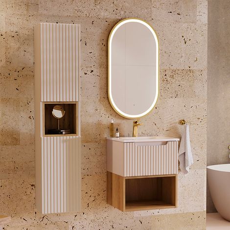 Ensemble meuble simple vasque encastrée 50cm et colonne Riva Cachemire et Bois (1/5)