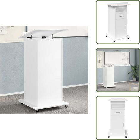 The Living Store Rednerpult mit Rollen & Schublade Weiß 55x55x107 cm - Schreibtisch - Bürostuhl - Home Office - Holzwerkstoffmöbel - Rollcontainer