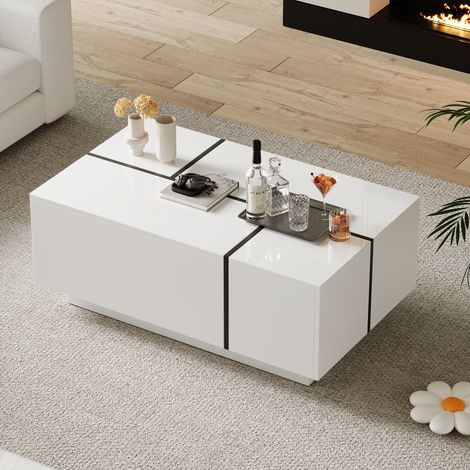 Couchtisch Weiß Schwarz, Wohnzimmertisch mit 4 Schubladen, Hochglanzoptik, 100x60x40 cm (1/5)