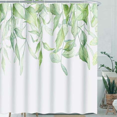 Rideau de Douche 200x200 cm, Rideau Douche Tissu en Polyester, Rideau de Douche Anti Moisissure Lavable, Motif Feuilles Vertes, avec 12 Anneaux (1/5)