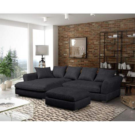 Ecksofa Sofa TIZIAN inkl. Hocker in Stoff Preston Schwarz Ottomane Links (1/2)