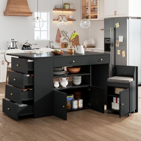 Isola da cucina moderna con piano pieghevole, cassetti e ripiani, 140x40x90 cm, credenza multifunzionale in MDF per riporre oggetti e come tavolo da pranzo, nera.