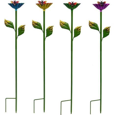 Set di 4 mangiatoie floreali in metallo, decorazione colorata per giardino per uccelli e api, picchetto in ferro rustico da 61 cm con ciotola floreale