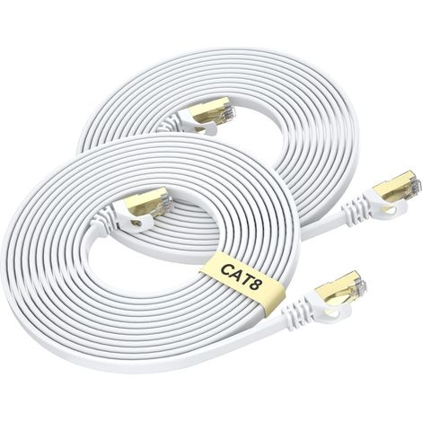 Cat 8 Câble Ethernet 3 Mètres 2 Pièces, Câble Réseau LAN Gigabit RJ45 Plat Haute Vitesse, Cordon de Brassage Internet 40Gbps 2000MHz pour Commutateur,Routeur,Modem,PC (Blanc) (1/5)