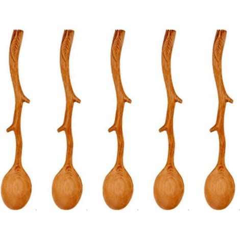 Lot de 5 cuillères en hêtre de style japonais, cuillères à long manche en forme de branche, cuillères à café, vaisselle (1/5)