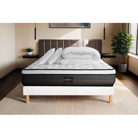 Ensemble matelas sommier Suite 200 x 200 cm - Couleur : Blanc avec 2 oreillers et couette (1/5)