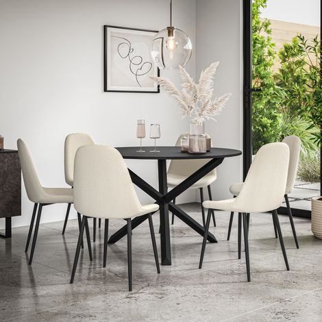 Malvern Round Dining Table And Chairs -  Black Table Top w Solid Oak Black Legs + Maya Boucle Dining Chair Set Of 6 (Ivory White) (1/5)