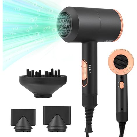 Seche Cheveux Lonique, 2000W Séchage Rapide, Chaud et Froid Hair Dryer Puissant 3 Vitesses 2 Températures 1 Diffuseur 2 Concentrateur Thermo Protect pour Famille Voyage (Noir) (1/5)