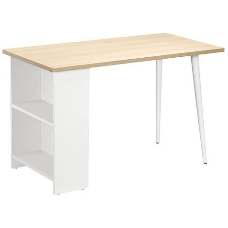 Bureau droit blanc L 120 x P 60 cm, piétement blanc avec étagères - Designy - plateau chêne clair - Maxiburo (1/3)