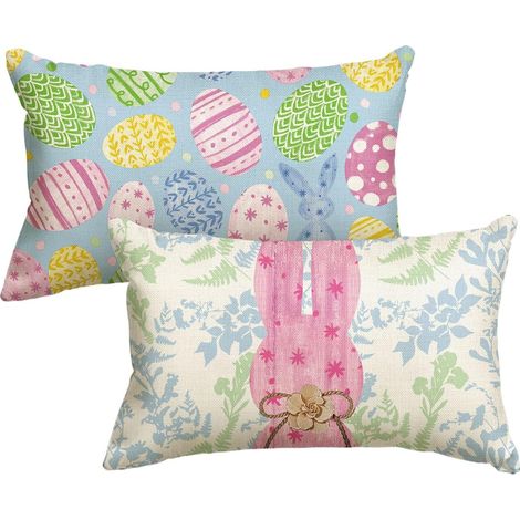 Lot de 2 housses de coussin décoratives pour canapé, salon, motif feuilles de miel, lapin, œufs de Pâques, 30 x 50 cm (1/5)
