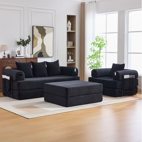 Canapé modulare 4 posti in velluto a coste nero con pouf, struttura in metallo, configurazione libera (1/5)