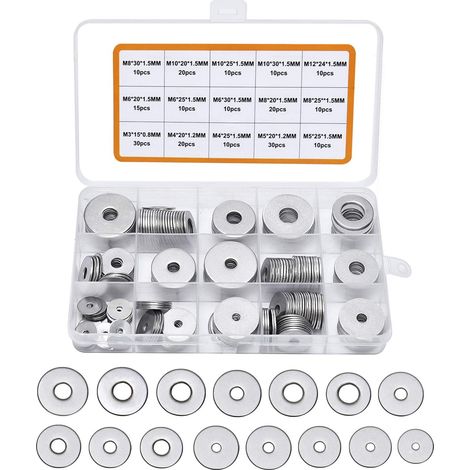 225-teiliges Sortiment an Unterlegscheiben aus Edelstahl 304, M3, M4, M5, M6, M8, M10, M12, Unterlegscheiben für Dichtungsschrauben, Dichtungsringe, inklusive Box (grau) (1/5)