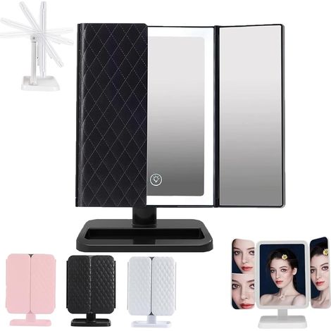 Specchio a tre pannelli, specchio per il trucco a tre pannelli con LED, specchio per il trucco intelligente, rotazione a 180°, specchio per il trucco illuminato con luci e ingrandimento (nero) (1/5)