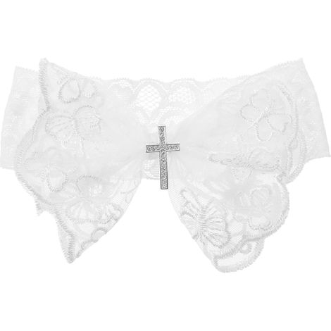 Baby Girl Christening Headpiece in Lace with Bow and Cross (1/5)