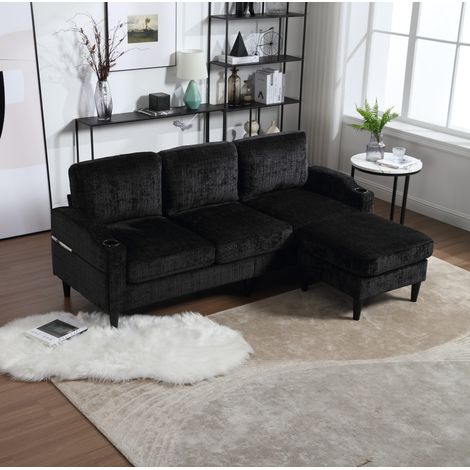 4-Sitzer-Sofa mit Stauraum-Hocker, Chenille, Schwarz HAVRYA (1/5)