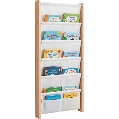 Relaxdays children's wall bookcase with 7 fabric pockets, wall-mounted, H x W x D: 118 x 44.5 x 6 cm, MDF, white (1/5)