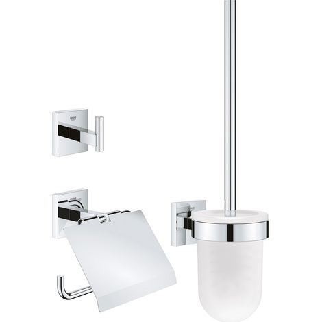 Grohe – Ensemble d'accessoires de salle de bain 41123000 – Set 3 en 1 chromé – Patère, dérouleur et porte-balai – Fixations cachées (1/8)