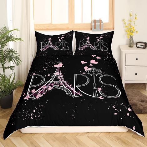Parure de lit 135 x 200 cm avec housse de couette 135 x 200 cm et 1 taie d'oreiller Motif Tour Eiffel Style français moderne pour garçons filles enfants adolescents Noir/rose (1/5)