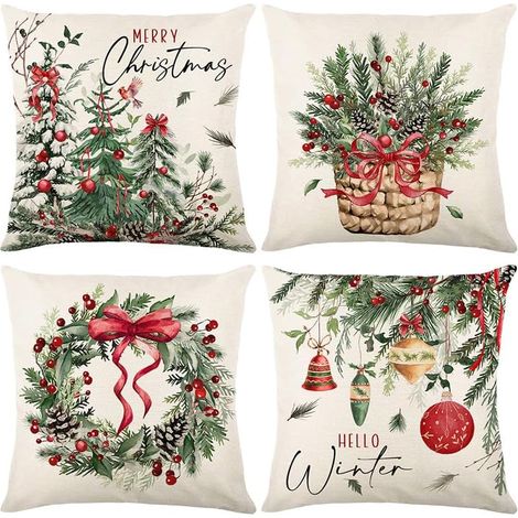 Housses de coussin de Noël 45 x 45 cm, housses de coussin de canapé imprimées numériquement, lot de 4 taies d'oreiller en peluche en lin. (1/5)