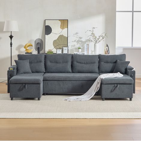 Divano 4 posti in lino grigio scuro, 2 chaise longue, contenitore, USB DESVIAE (1/5)