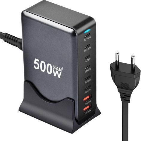 Chargeur USB-C GaN 500W 8 ports — Charge rapide 100W : 6 USB-C + 2 USB-A. Compatible avec MacBook, iPhone et iPad. Station multiport. (1/5)