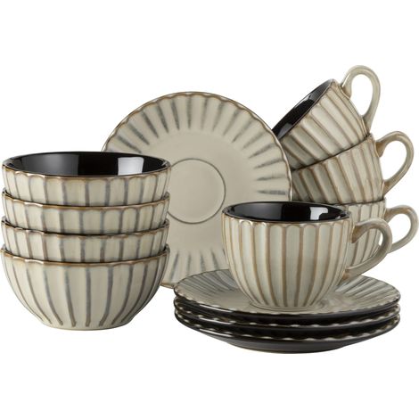 Série Confino Service de table pour 4 personnes au look vintage moderne 12 pièces en céramique beige avec accents noirs (1/5)